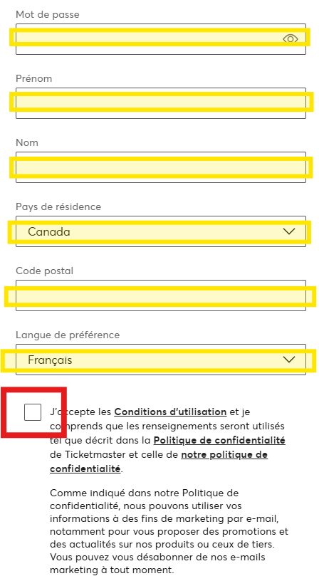 Créer un compte - champs à remplir